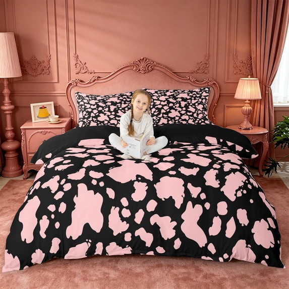 jejeloiu Pink Cow Print Duvet Cover Set Kids,Girly Animal Pattern Bedding Full For Girls,Reversible,3pcs(No Comforter)
