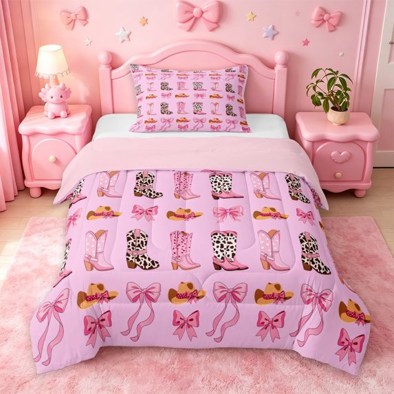 jejeloiu Pink Cowboy Boot Pattern Twin Comforter Sets Kids,Pink Bowknot Bedding Set For Girls,Reversible,2-Piece