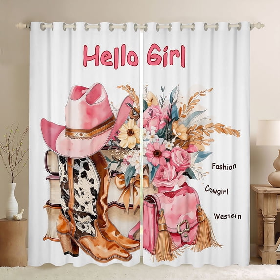 jejeloiu Pink Cowgirl Boot Hat Blackout Curtains Set of 2 (52x84 Each) Kids,Western Tribal Style Print Window Curtains