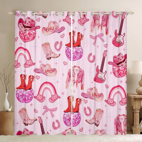 jejeloiu Pink Cowgirl Disco Black Out Curtains Kids,Retro Western Print Curtains Pack of 2 (42x63 Each)