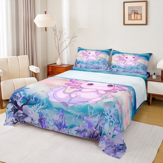 jejeloiu Pink Cute Axolotl Full Size Sheets,Ocean Aniaml Bed Sheets,Watercolor Sealife Coral Sheet Sets For Girls Kids,Breathable Home Decor,4 Pieces