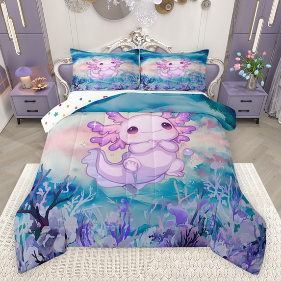 jejeloiu Pink Cute Axolotl Queen Comforter Set,Ocean Aniaml Bedding Sets,Watercolor Sealife Coral Bedding Comforter Set For Girls Kids,Breathable Home Decor Reversible,3pcs
