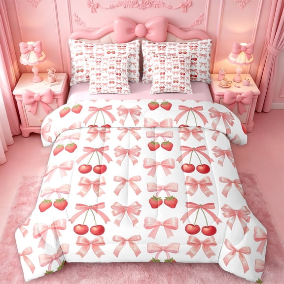 jejeloiu Pink Cute Bowknot 7-Piece Bedding Comforter Set,Kawaii Cherry Strawberry King Bedding Sets,Chic Ribbon Bow Tie Bed Sheets For Girls,Microfiber Bedroom Decor Reversible