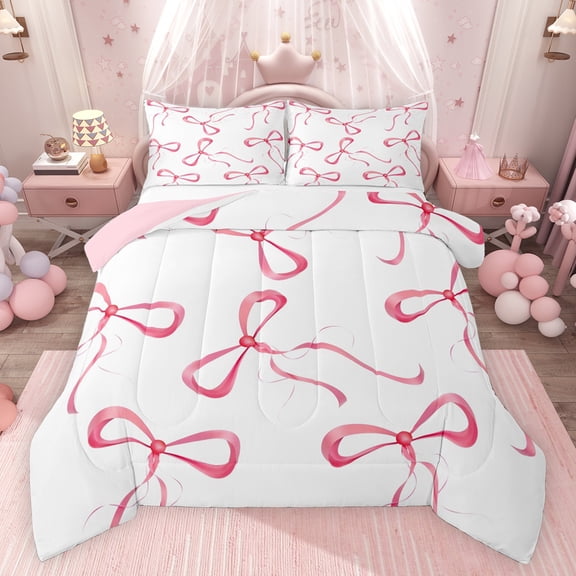 jejeloiu Pink Cute Bowknot Bedding Comforter Set,Kawaii Bow Tie Twin Comforter Sets,Chic Ribbon Bowtie Bedding Set For Girls,Microfiber Bedroom Decor Reversible,2 Pieces