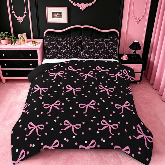 jejeloiu Pink Cute Bowknot Bedding Comforter Set,Kawaii Polka Dot Twin Comforter Sets,Chic Ribbon Bow Tie Bedding Set For Girls,Microfiber Bedroom Decor Reversible,2-Piece