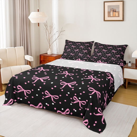 jejeloiu Pink Cute Bowknot Queen Sheet Sets,Kawaii Polka Dot Flat Sheet,Chic Ribbon Bow Tie Queen Fitted Sheet For Girls,Microfiber Bedroom Decor,4pcs
