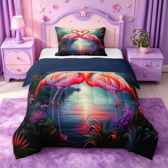 jejeloiu Pink Cute Flamingo Twin Comforter Sets Kids,Tropical Wild Animals Bedding Set,Reversible,2 Pieces