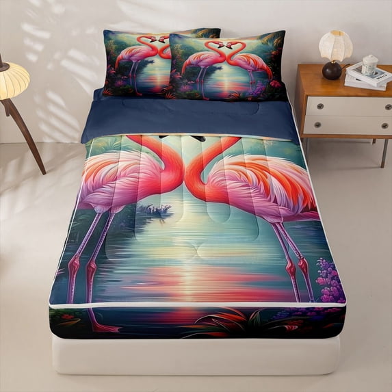 jejeloiu Pink Cute Flamingo Zipper Full Size Comforter Sets with Fitted Sheet and 2 Pillowcases Kids,Tropical Wild Animals Zipper Bedding Set,Reversible,4 Pieces