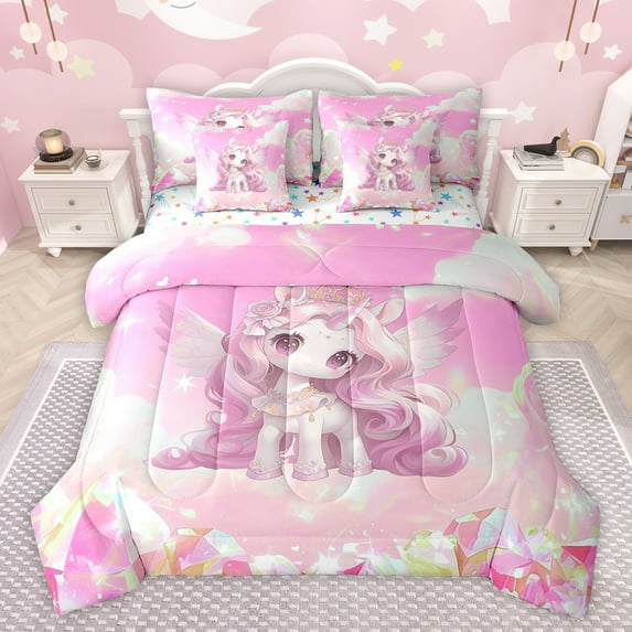 jejeloiu Pink Cute Unicorn 7-Piece Twin Bedding Sets,Magic Cartoon Animal Bedding Comforter Set,Kawaii Unicorn Sheet Sets For Girl Kids,Ultra Soft Home Decor Reversible