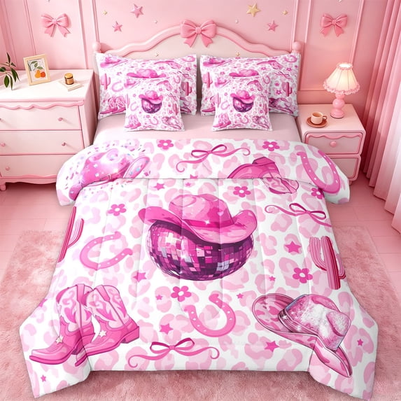 jejeloiu Pink Disco Cowgirl 7-Piece Twin Bedding Sets Kids,Girly Western Pattern Bedding Comforter Set,Reversible