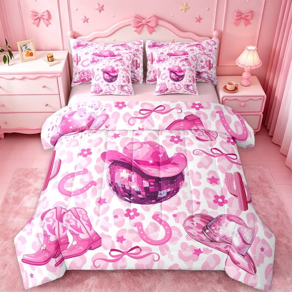 jejeloiu Pink Disco Cowgirl 7-Piece Twin Bedding Sets Kids,Girly Western Pattern Bedding Comforter Set,Reversible