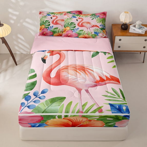 jejeloiu Pink Flamingo Flowers Zipper Twin Comforter Sets with Fitted Sheet and 2 Pillowcases Kids,Tropical Palm Leaf Zipper Bedding Set For Girls,Reversible,4-Piece