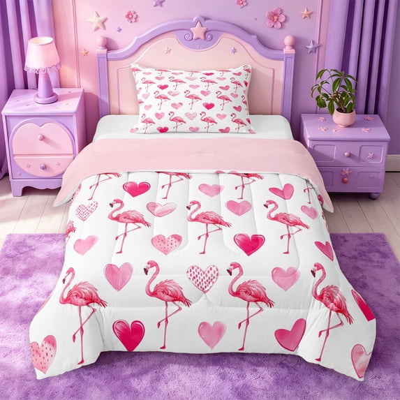 jejeloiu Pink Flamingo Heart Twin Comforter Sets Kids,Tropical Animal Print Bedding Set For Girls,Reversible,2pcs