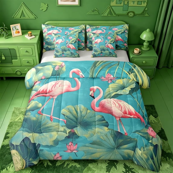 jejeloiu Pink Flamingo Lotus 7-Piece Twin Bedding Sets Kids,Tropical Bird Leaf Pattern Bedding Comforter Set For Girl,Reversible