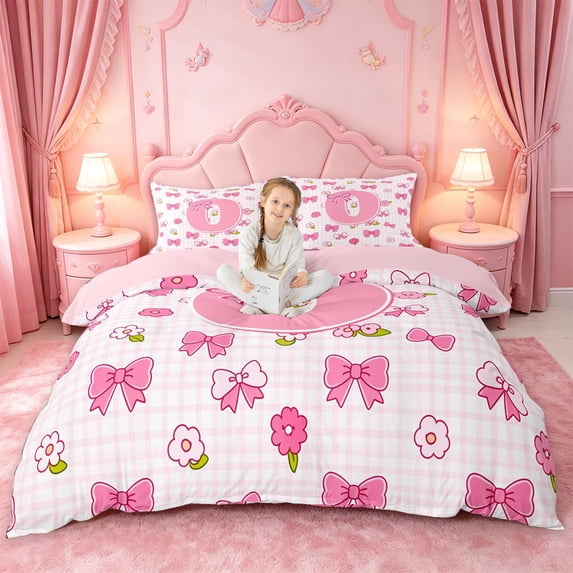 jejeloiu Pink Floral Initial O Queen Duvet Cover Set For Girls,Princess Bowknot Alphabet Art Bedding For Kids,Pink Reversible,3 Pieces(No Comforter)