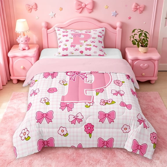 jejeloiu Pink Floral Monogram P Twin Comforter Sets For Girls,Cute Bowknot Pink 3D Initial Design Bedding Set,Pink Reversible,2-Piece