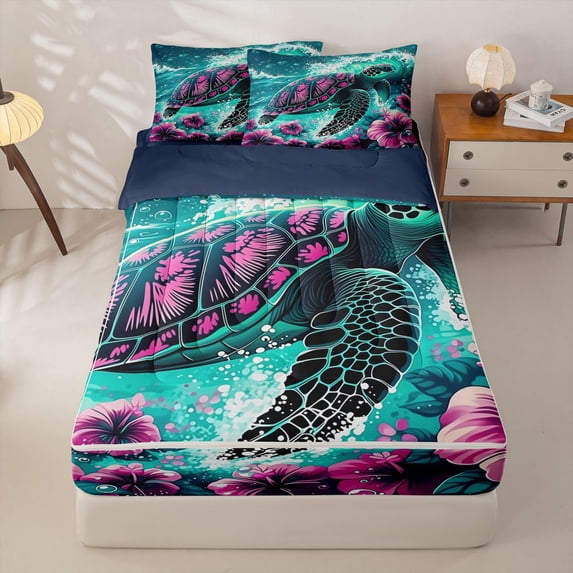 jejeloiu Pink Floral Zipper Full Size Comforter Sets with Fitted Sheet and 2 Pillowcases Kids,Tropical Ocean Animal Turtle Zipper Bedding Set,Reversible,4 Pieces