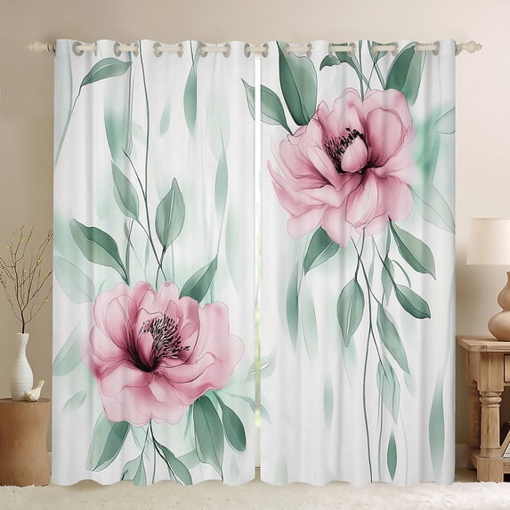 jejeloiu Pink Flower Floral Blackout Curtains Set of 2 (52x84 Each),Green Leaves Window Curtains,Modern Minimalsit Aesthetic Curtains and Drapes For Girls,Super Cozy Room Decor