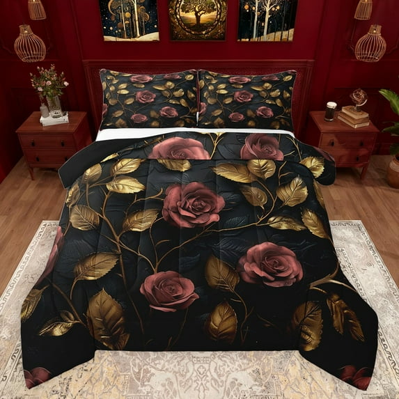 jejeloiu Pink Flower Floral Full Size Comforter Sets,Gold Leaves Bedding Comforter Set,Vintage Aesthetic Desgin Bedding Sets For Girls Kids,Ultra Soft Home Decor Reversible,3 Pieces