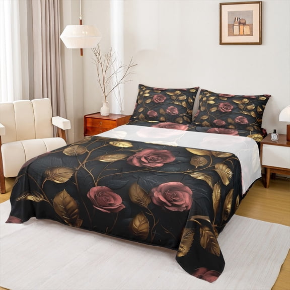 jejeloiu Flower Gold Leaf Twin 3-Piece Reversible Girls Kids Ultra Soft Vintage Pink Floral Sheet Set