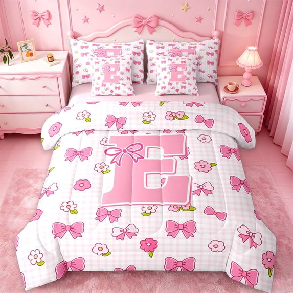 jejeloiu Pink Flower Initial E 7-Piece Twin Bedding Sets For Girls,Princess Bow Alphabet Art Bedding Comforter Set For Kids,Pink Reversible