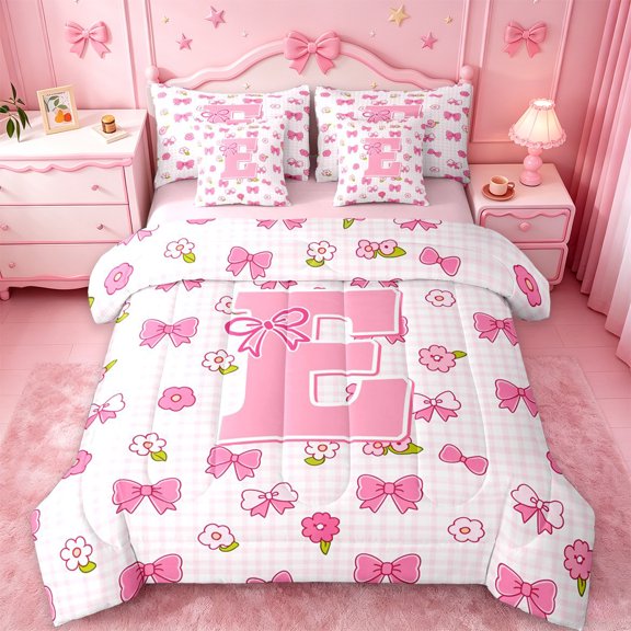 jejeloiu Pink Flower Initial E 7-Piece Twin Bedding Sets For Girls,Princess Bow Alphabet Art Bedding Comforter Set For Kids,Pink Reversible