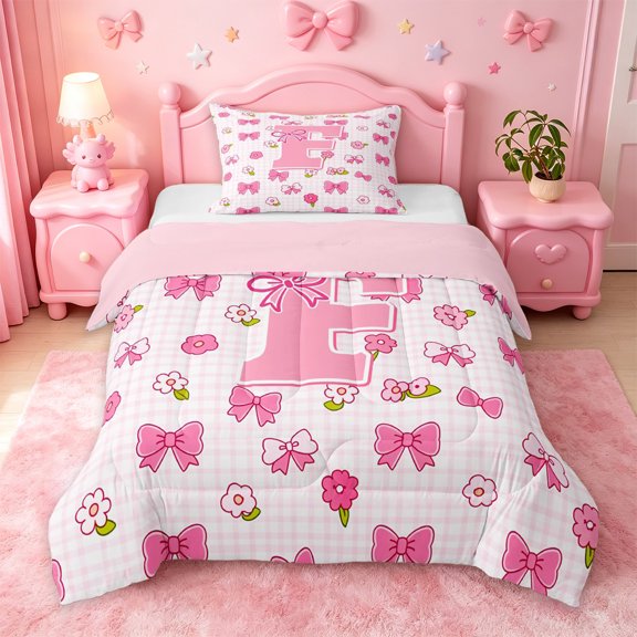 jejeloiu Pink Flower Monogram F Twin Comforter Sets For Girls,Cute Bow Pink 3D Initial Design Bedding Set,Pink Reversible,2pcs