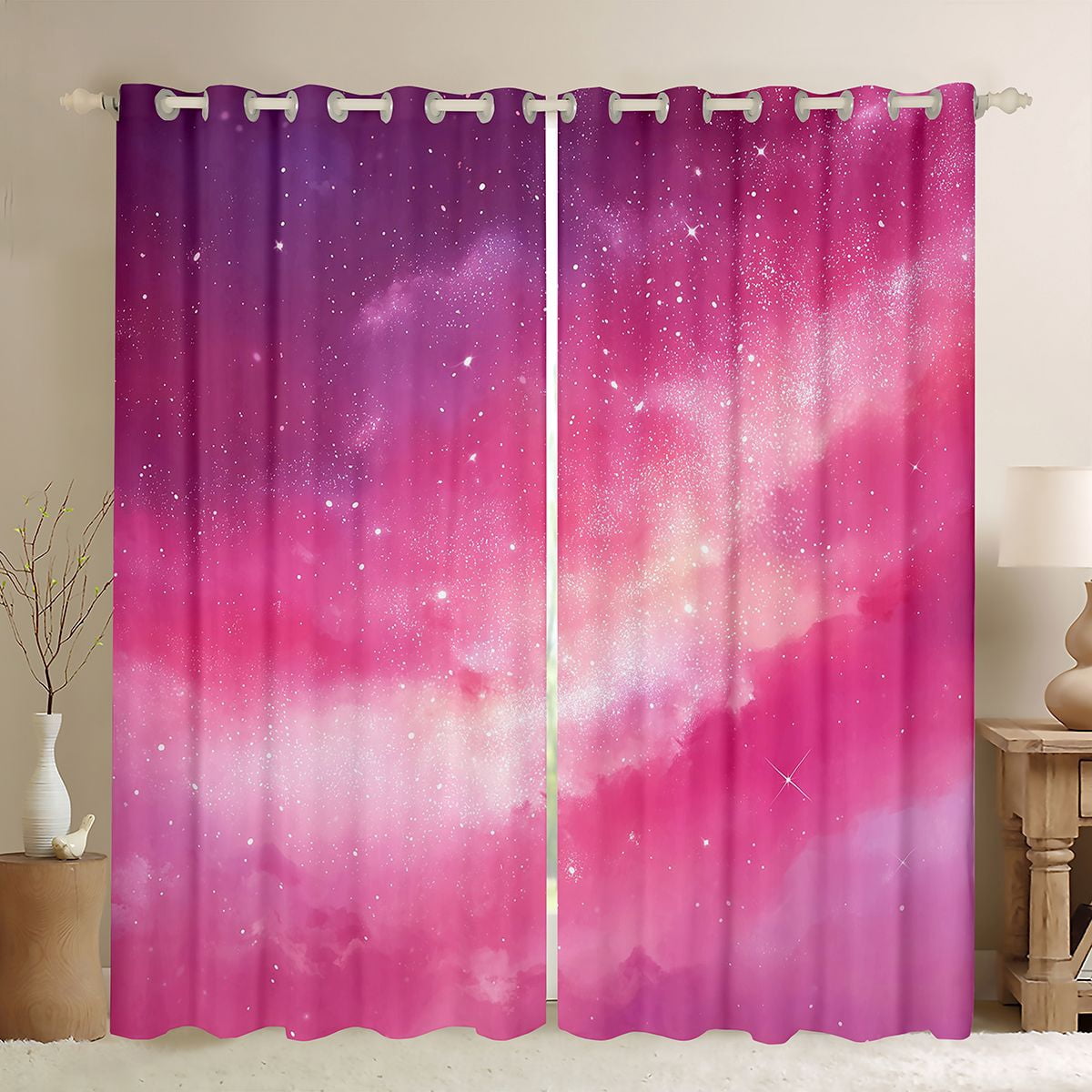 jejeloiu Pink Galaxy Star Blackout Curtains Set of 2 (52x84 Each) Kids ...
