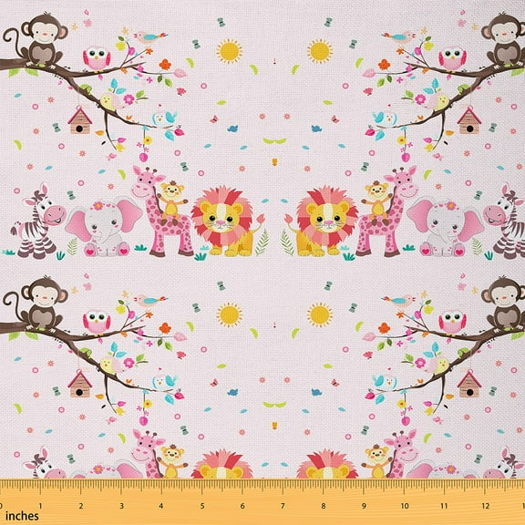 jejeloiu Pink Giraffe Zebra Fabric by the Yard 1 Yard,Zoo Aniaml Lions Home Decor Fabric by the Yard,Colorful Flower Floral Sewing Fabric For Child,Microfiber Bedroom Decor