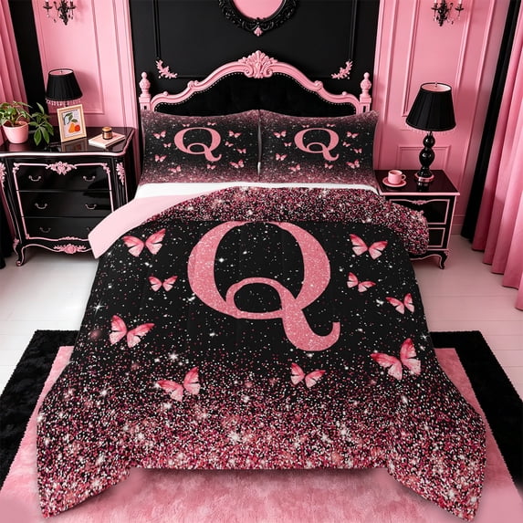 jejeloiu Pink Glitter Print Butterflies Full Size Comforter Sets For Girls,Modern Monogrammed Q Art Bedding Sets For Kids,Pink Reversible,3-Piece