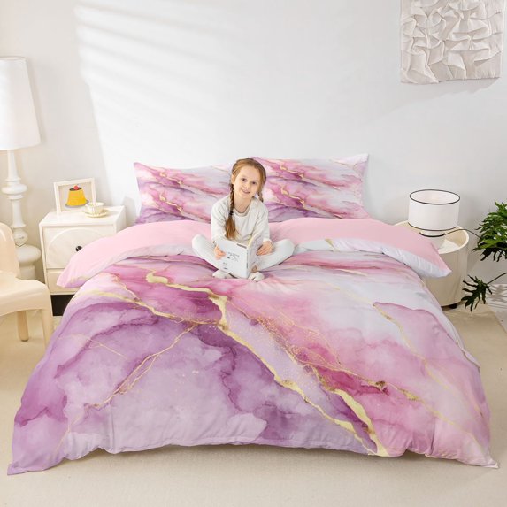 jejeloiu Pink Gold Marble Duvet Cover Set Kids,Elegant Abstract Pattern Bedding Full For Girls,Reversible,3-Piece(No Comforter)