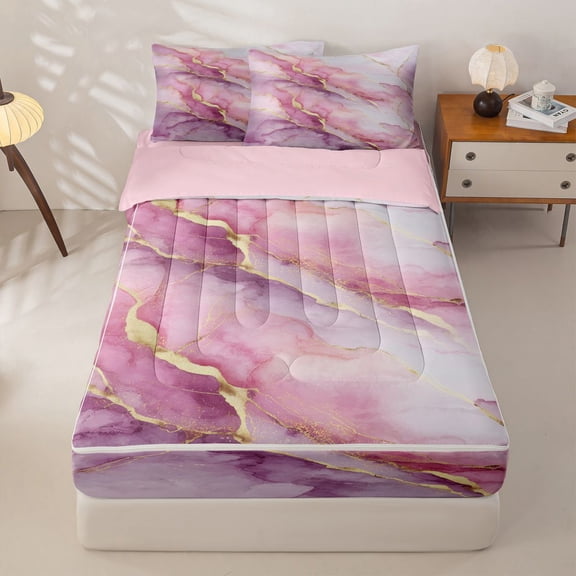 jejeloiu Pink Gold Marble Zipper Twin Comforter Sets with Fitted Sheet and 2 Pillowcases Kids,Elegant Abstract Pattern Zipper Bedding Set For Girls,Reversible,4 Pieces