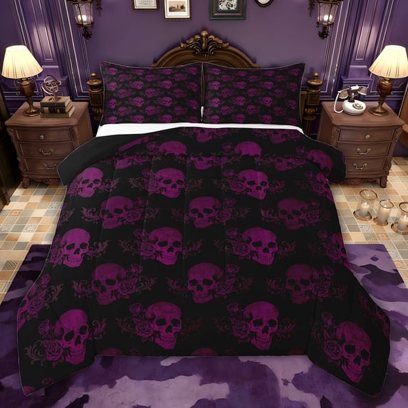 jejeloiu Pink Gothic Skull Full Size Comforter Sets,Bohemian Vintage Flower Bedding Sets For Adults Reversible 3pcs