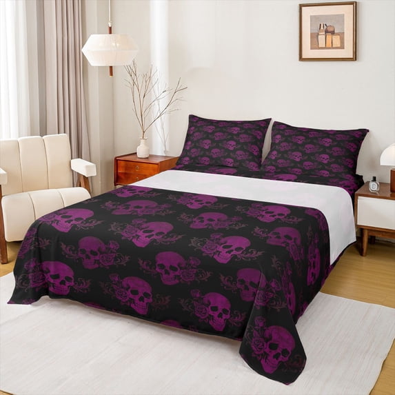 jejeloiu Pink Gothic Skull Twin Sheet Sets,Bohemian Vintage Flower Bedding For Adults 3 Pieces