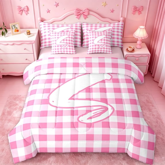 jejeloiu Pink Graffiti Monogram S 7-Piece Bedding Comforter Set For Girls,Modern Plaid Initial Letter Print King Bedding Sets,Pink Reversible