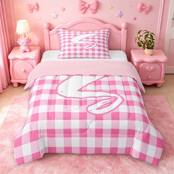 jejeloiu Pink Graffiti Monogram S Twin Comforter Sets For Girls,Modern Plaid Initial Letter Print Bedding Set,Pink Reversible,2 Pieces