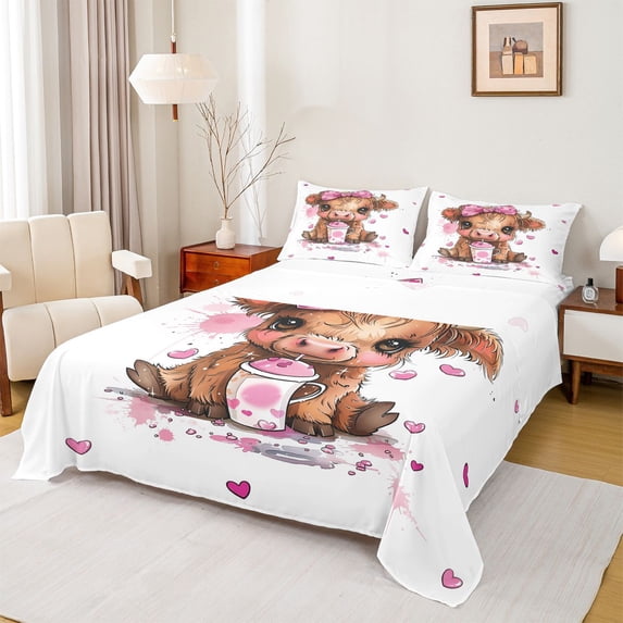 jejeloiu Pink Highland Cow Full Size Sheets Kids,Cute Farm Print Bed Sheets,4 Pieces