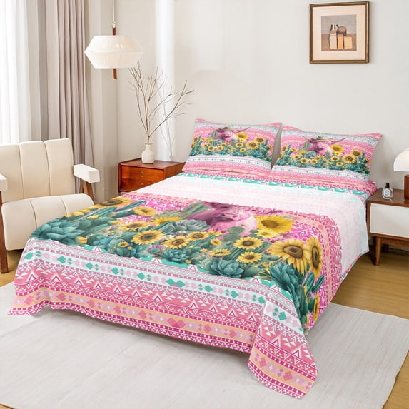 jejeloiu Pink Highland Cow Queen Sheet Sets,Vintage Aztec Geometric Flat Sheet,Rustic Sunflower Green Cactus Queen Fitted Sheet For Girls Kids,Microfiber Bedroom Decor,4 Pieces