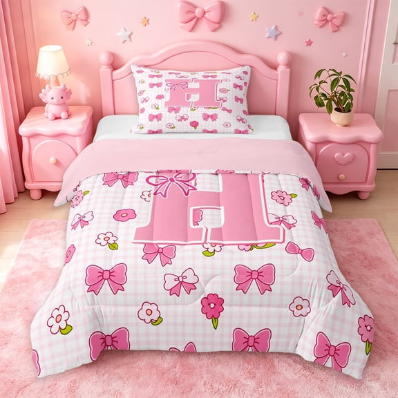 jejeloiu Pink Initial H Twin Comforter Sets For Girls,Cartoon Bow Flower Monogram Aesthetic Bedding Set For Kids,Pink Reversible,2 Pieces