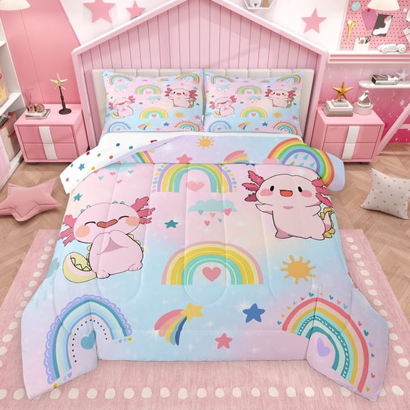 jejeloiu Pink Kawaii Axolotl Full Size Comforter Sets,Boho Cartoon Rainbow Bedding Comforter Set,Cute Loves Stars Bedding Sets For Girls Teens,Super Cozy Room Decor Reversible,3-Piece