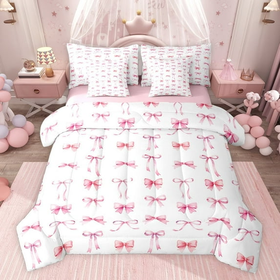 jejeloiu Pink Kawaii Bowknot 7 Pieces Bedding Comforter Set,Cartoon Cute Bow Full Bedding Set For Teens Reversible
