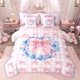thumbnail image 1 of jejeloiu Pink Kawaii Bowtie 7pcs Bedding Comforter Set,Blue Floral Blossom Queen Bedding Sets For Girls Teens Reversible, 1 of 8