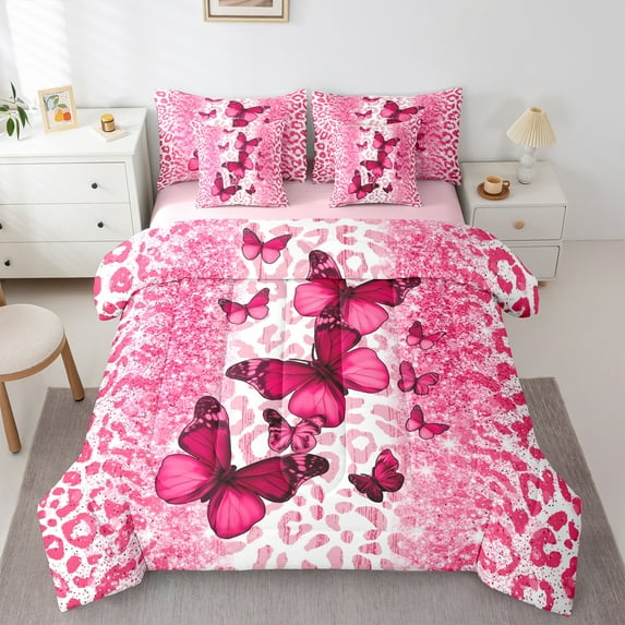 jejeloiu Pink Kawaii Butterflies 7-Piece Twin Bedding Sets,Leopard Pattern Bedding Comforter Set,Cheetah Print Sheet Sets For Girls Kids,Breathable Home Decor Reversible