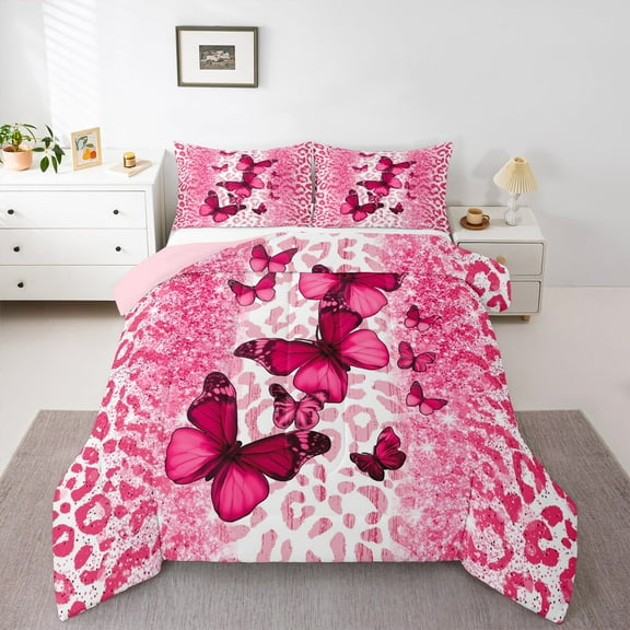 jejeloiu Pink Kawaii Butterflies Bedding Comforter Set,Leopard Pattern Twin Comforter Sets,Cheetah Print Bedding Set For Girls Kids,Breathable Home Decor Reversible,2-Piece