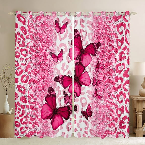 jejeloiu Pink Kawaii Butterflies Blackout Curtains,Leopard Pattern Curtains Pack of 2 (38x45 Each),Cheetah Print Window Curtains For Girls Kids,Breathable Home Decor