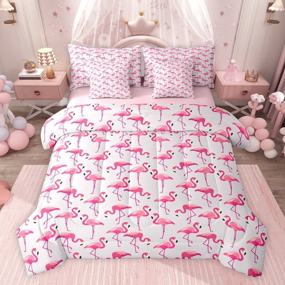 jejeloiu Pink Kawaii Flamingo 7-Piece Twin Bedding Sets,Tropical Wild Animal Bedding Comforter Set For Girls Kids Reversible