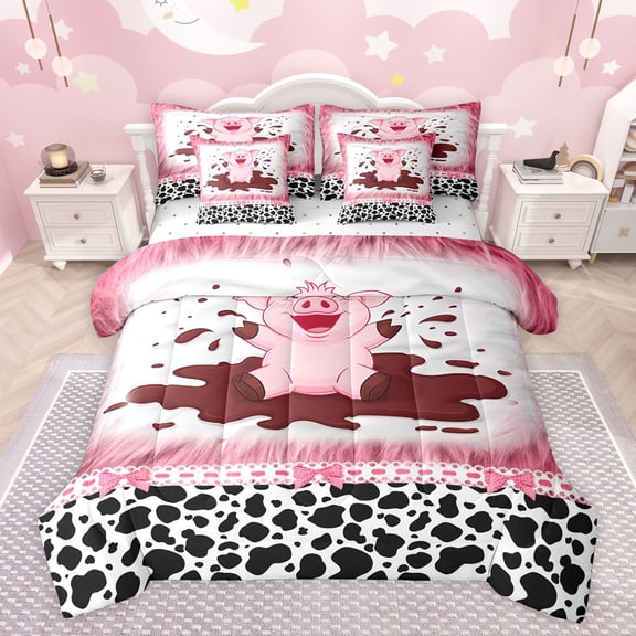 jejeloiu Pink Kawaii Pig 7pcs Bedding Comforter Set,Milk Cow Pattern Queen Bedding Sets,Cute Polka Dots Bowtie Queen Sheet Sets For Girls Boys,Microfiber Bedroom Decor Reversible