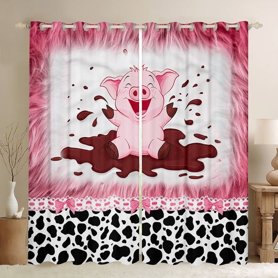 jejeloiu Pink Kawaii Pig Blackout Curtains Set of 2 (52x84 Each),Milk Cow Pattern Window Curtains,Cute Polka Dots Bowtie Curtains and Drapes For Girls Boys,Microfiber Bedroom Decor