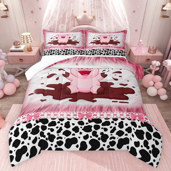 jejeloiu Pink Kawaii Pig Queen Comforter Set,Milk Cow Pattern Bedding Sets,Cute Polka Dots Bowtie Bedding Comforter Set For Girls Boys,Microfiber Bedroom Decor,3pcs