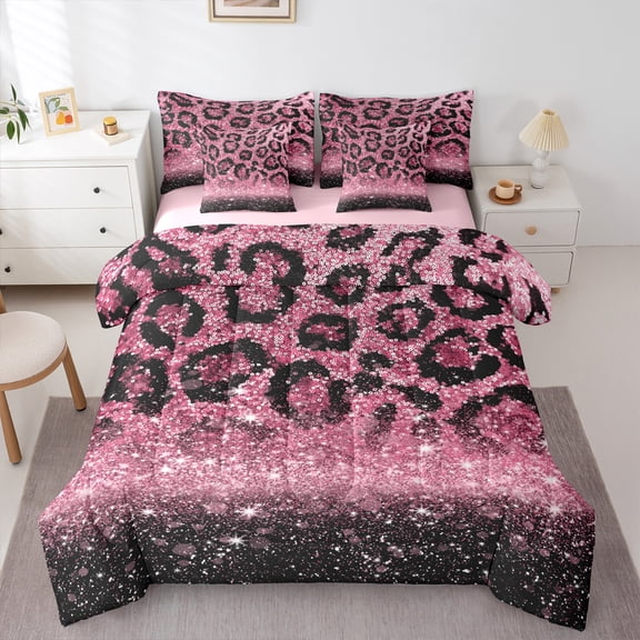 jejeloiu Pink Leopard Pattern 7-Piece Bedding Comforter Set,Modern Cheetah Print King Bedding Sets,Chic Sequin Print Bed Sheets For Girl Teens,Microfiber Bedroom Decor Reversible